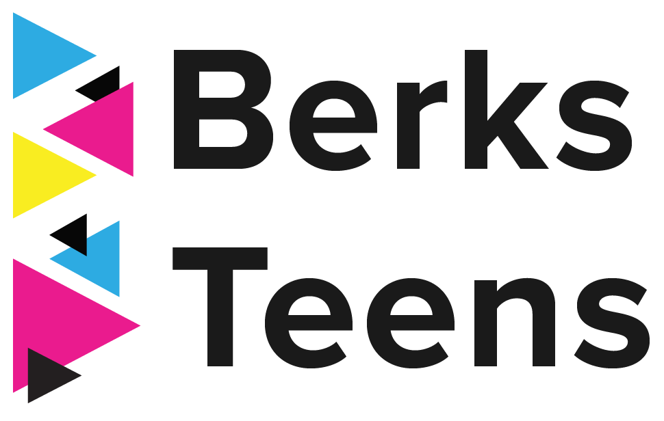 Berks Teens Logo, Left side has blue, yellow, pink, and black triangles with Berks Teens text on right side