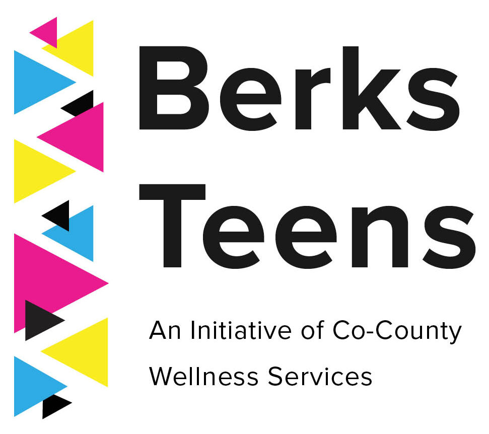 Berks Teens Logo, yellow blue, pink, and black triangles on left side. Berks Teens, An initiative of Co-County Wellness services